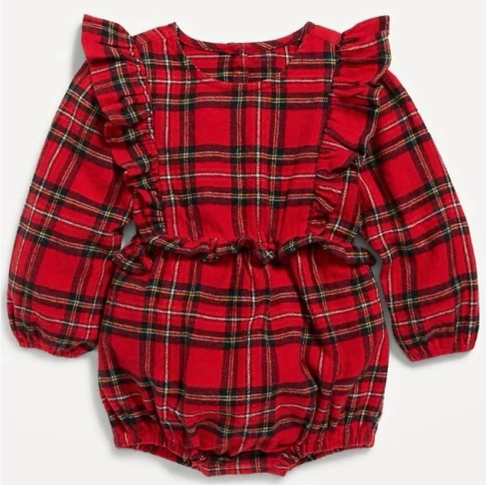 NWT- Christmas Toddler Long-Sleeve Ruffle-Trim Plaid One-Piece Romper.